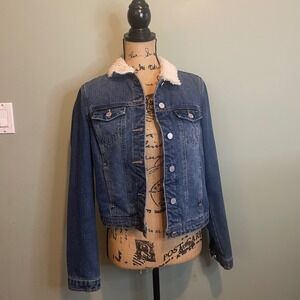 Almost Famous Womens Winter Summer Outwear Sherpa Denim Jacket Blue Medium